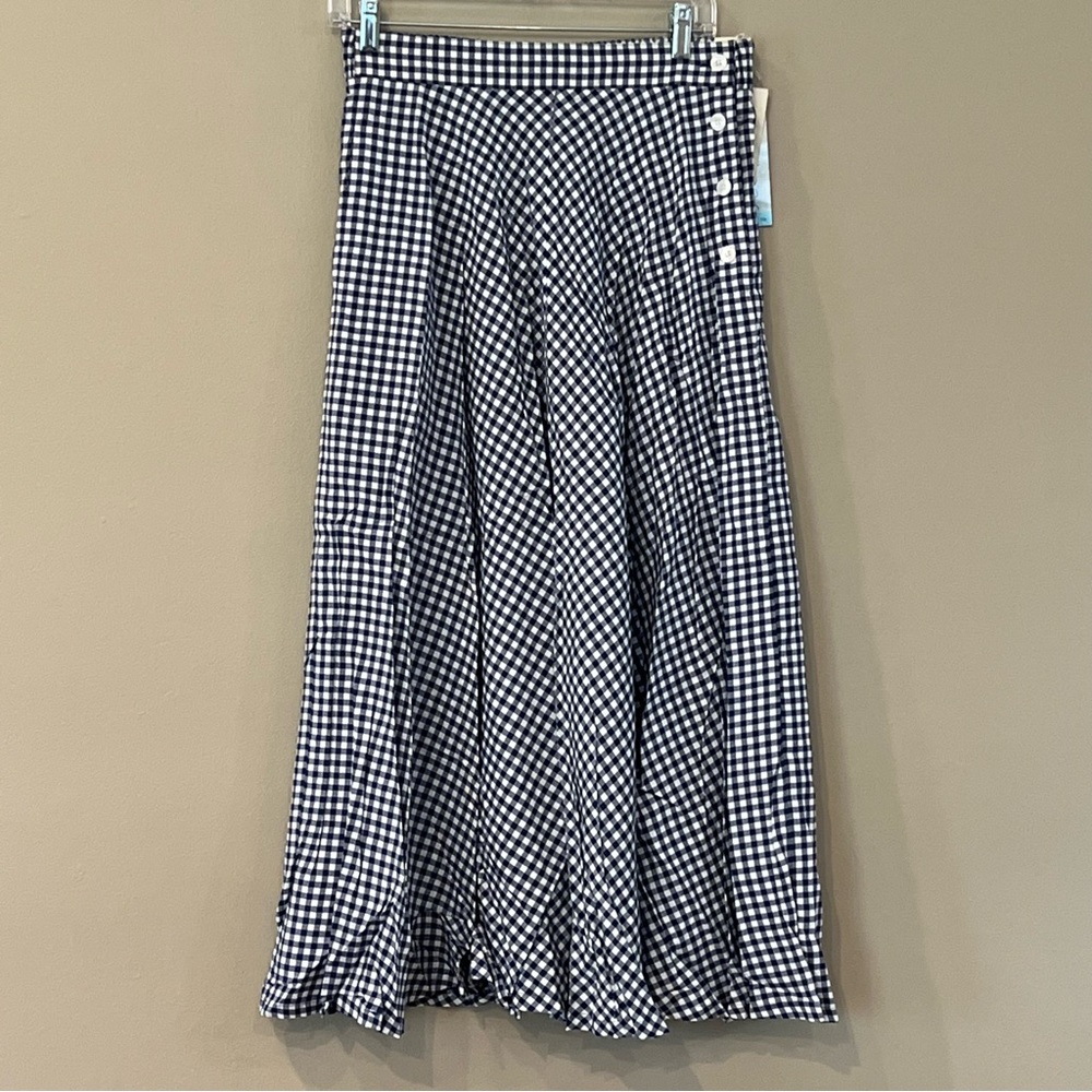 VTG Maxi Skirt Blue Rayon Gingham Button